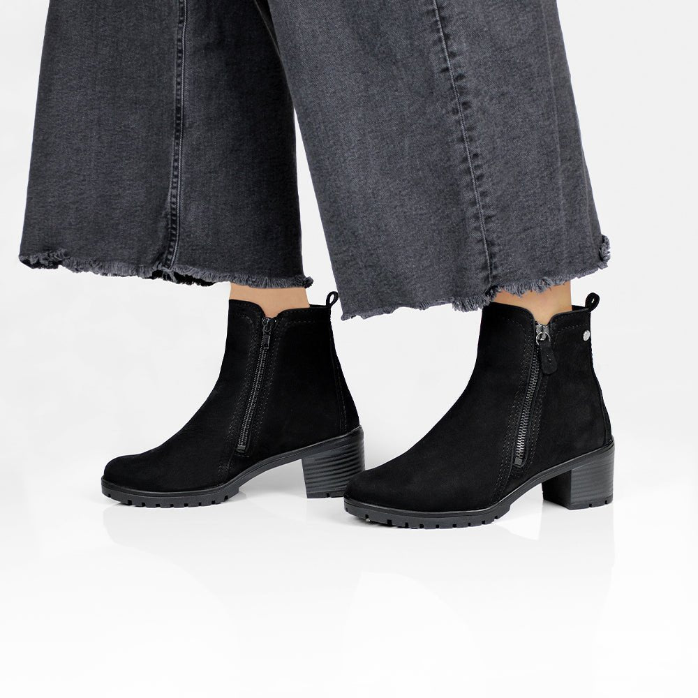 Minfot Rue Boots med klack Dam Dubbelzip Nubuck Svart