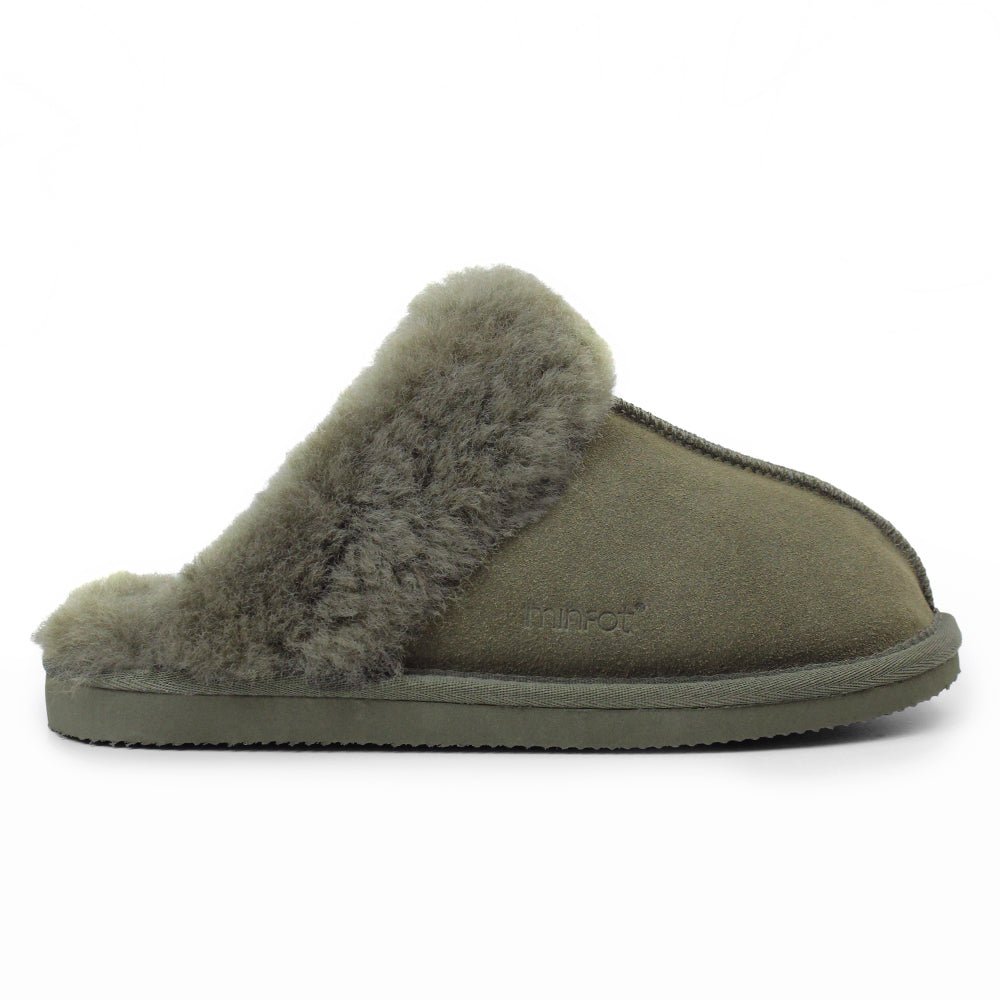 Minfot Fårskinnstofflor Slip-on Duved med sula Mörk Olivgrön