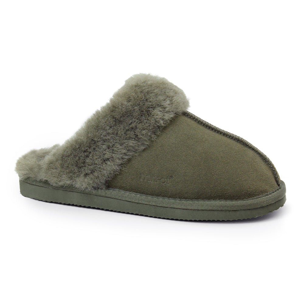 Minfot Fårskinnstofflor Slip-on Duved med sula Mörk Olivgrön