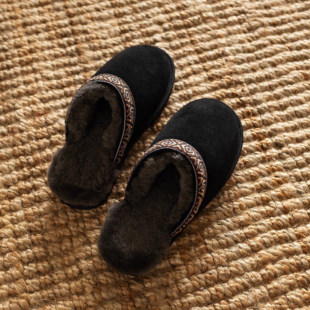 Minfot Fårskinnstofflor Slip-on Myre med sula Svart